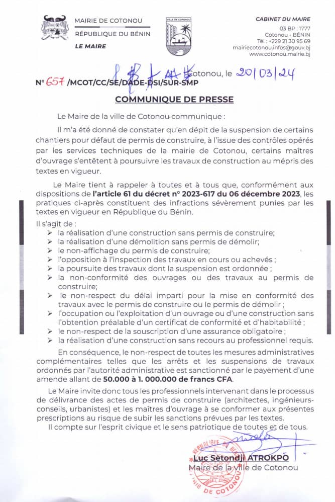 Construction sans permis de construire à Cotonou : Le maire fait des mises en garde