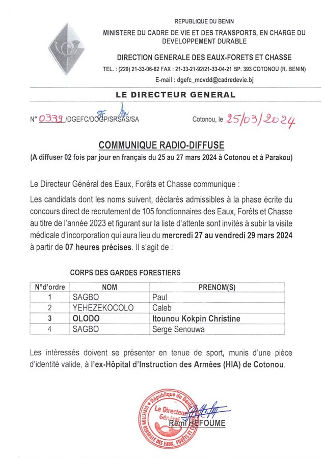 Recrutement de 105 fonctionnaires des Eaux, Forêts et Chasse : 04 candidats invités à passer la visite médicale d'incorporation