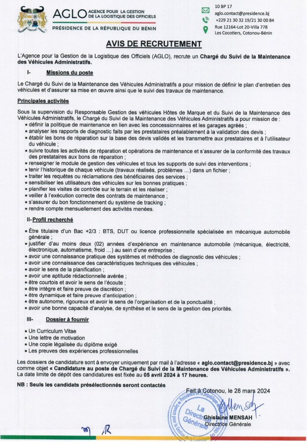 Emploi au Bénin : L’AGLO recrute pour ce poste