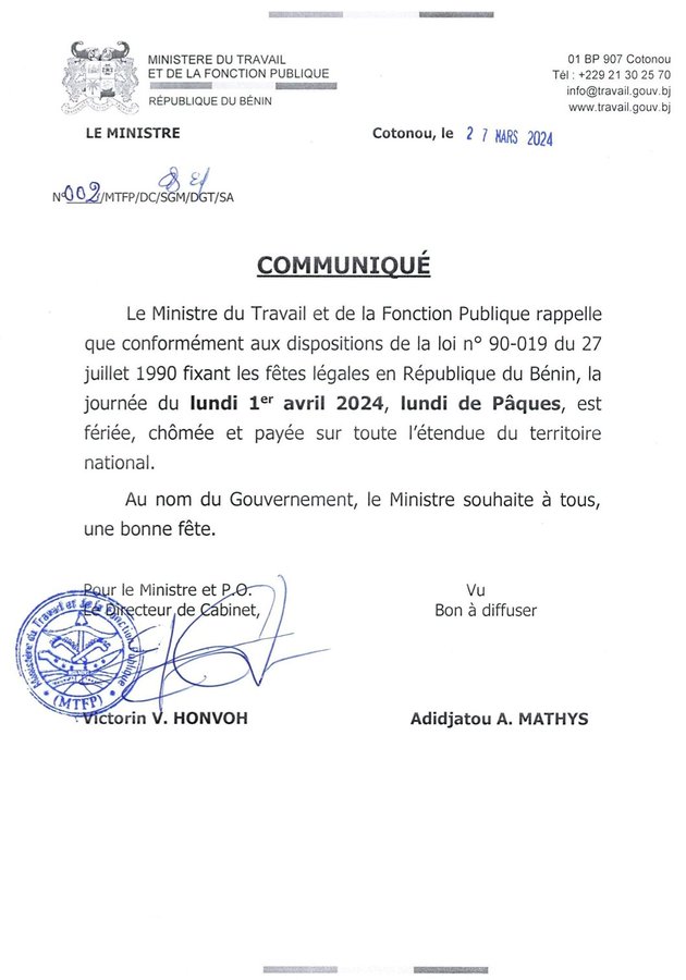 Bénin : Le lundi 1er avril 2024 déclaré férié, chômé et payé