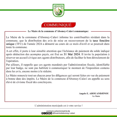 Abomey-Calavi : La grande annonce d'Angelo Ahouandjinou aux contribuables