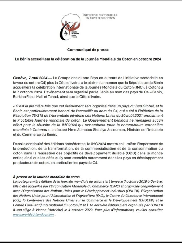 Journée Mondiale du Coton : Le Bénin accueille la célébration en octobre 2024