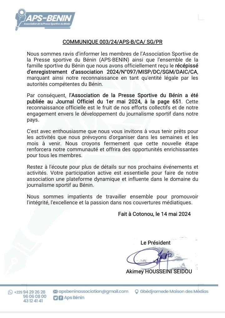 L'Association de la Presse Sportive du Bénin (APS-BENIN) officiellement reconnue par l'Etat