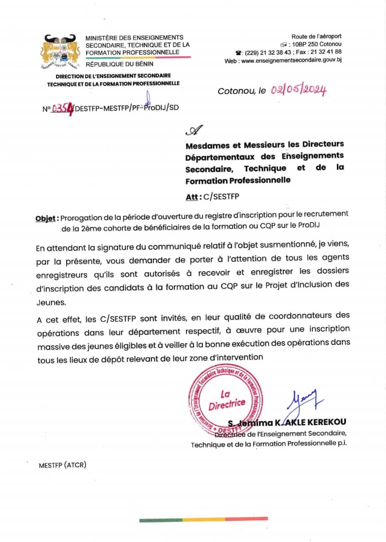 Au Bénin, les délais d'inscription pour la formation au CQP prolongés